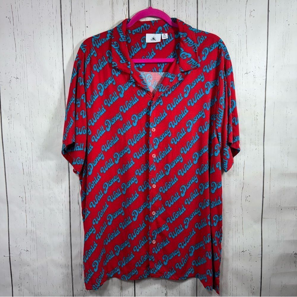 Walt Disney World All Over Print Button-Up Shirt Mens XL Red Vacation Retro